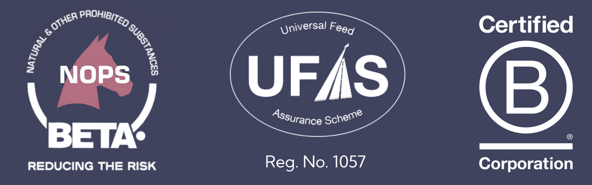 Three certification logos on a dark blue background: NOPS Beta reducing the risk mark on the left, Universal Feed Assurance Scheme and B corporation
